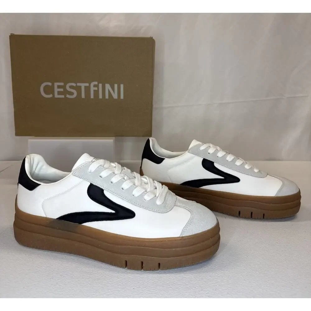 Cestfini Women’s Platform Retro Sneakers White Black Brown Gum Sole Size 10